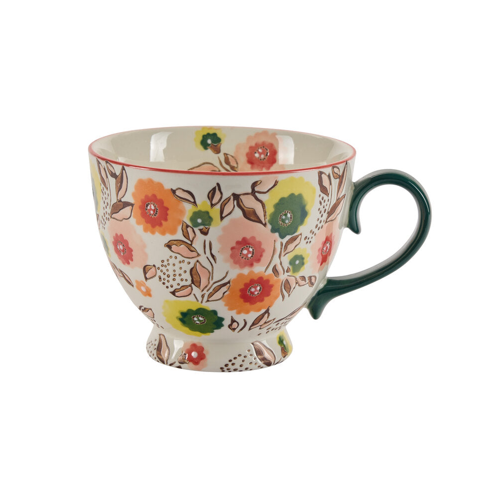 Håndmalet krus m. blomster, orange/grøn - 480ml